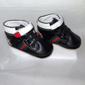 Stylish Black Kids Shoes with Red and Green Stripes